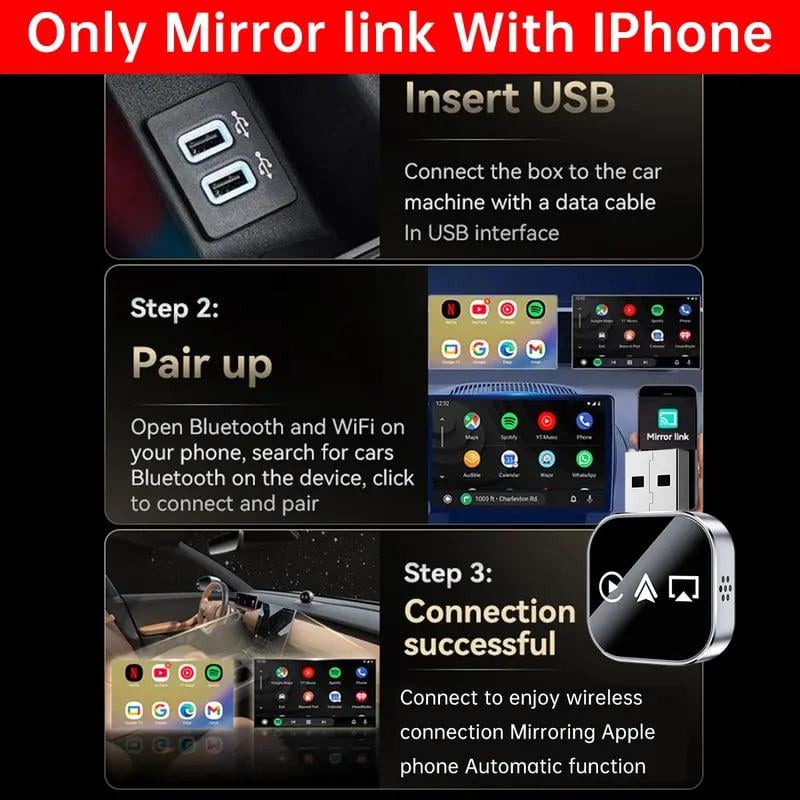 📶 2026 Upgrade 3 v 1 Zrcadlo pro iOS telefon, kabelový/bezdrátový Carplay adaptér