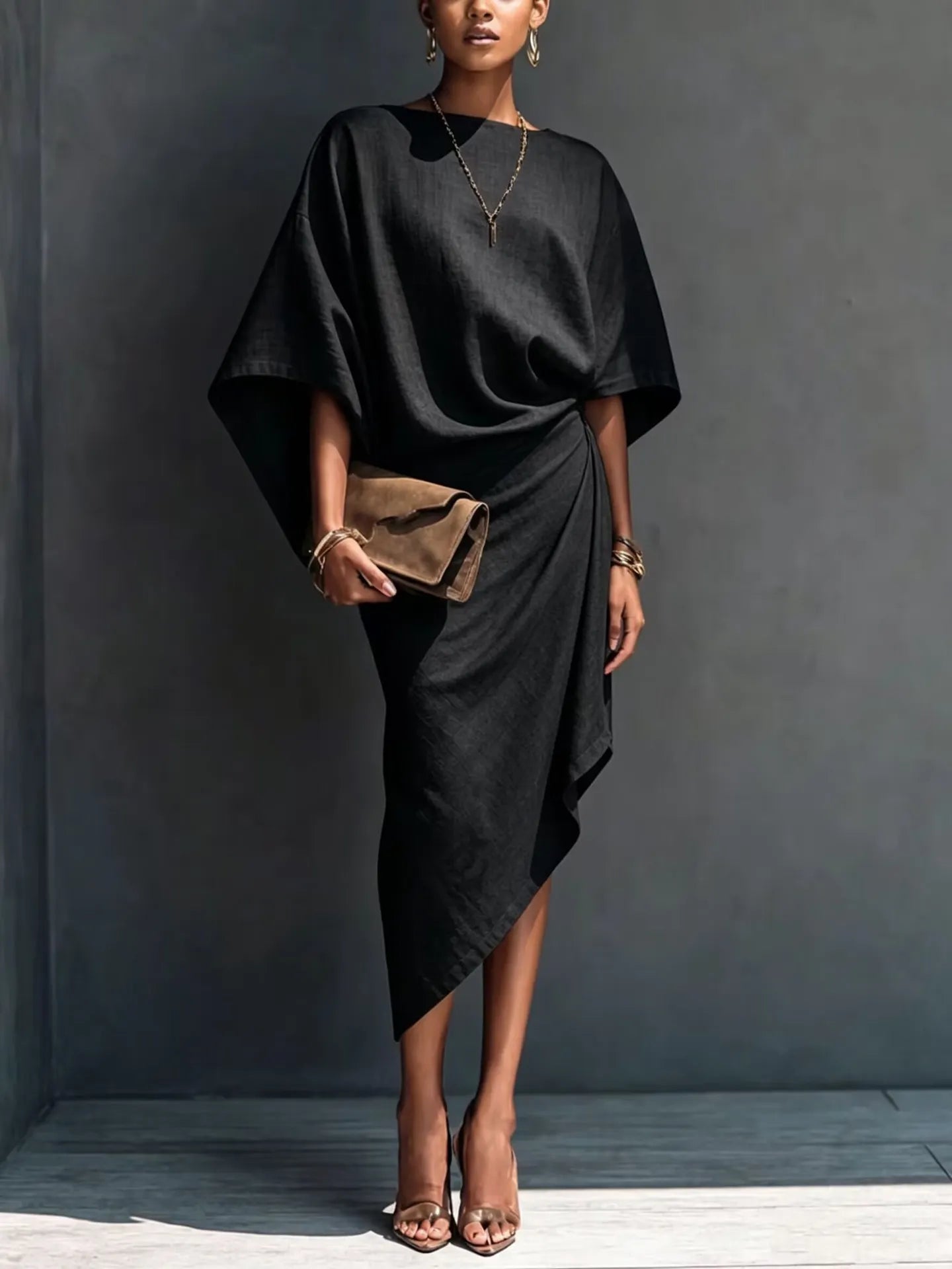 Dámské moderní minimalistické khaki midi šaty s krátkým rukávem a splývavým límcem