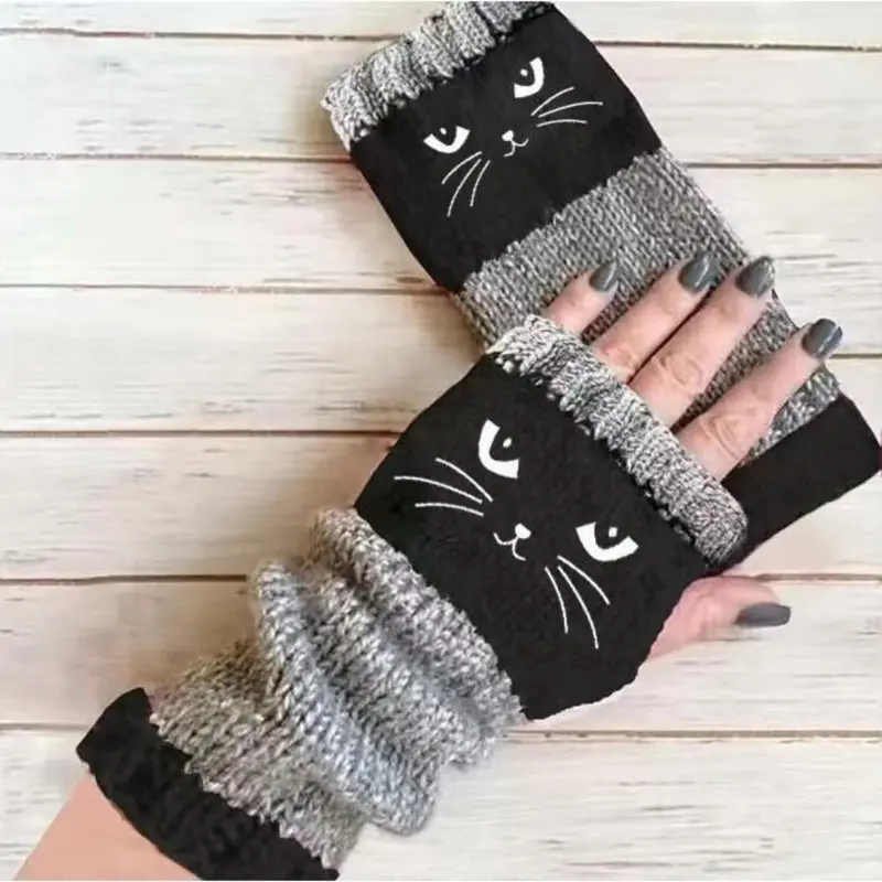 🐱 Roztomilé dámské pletené rukavice s kočičím vzorem🧤🧶