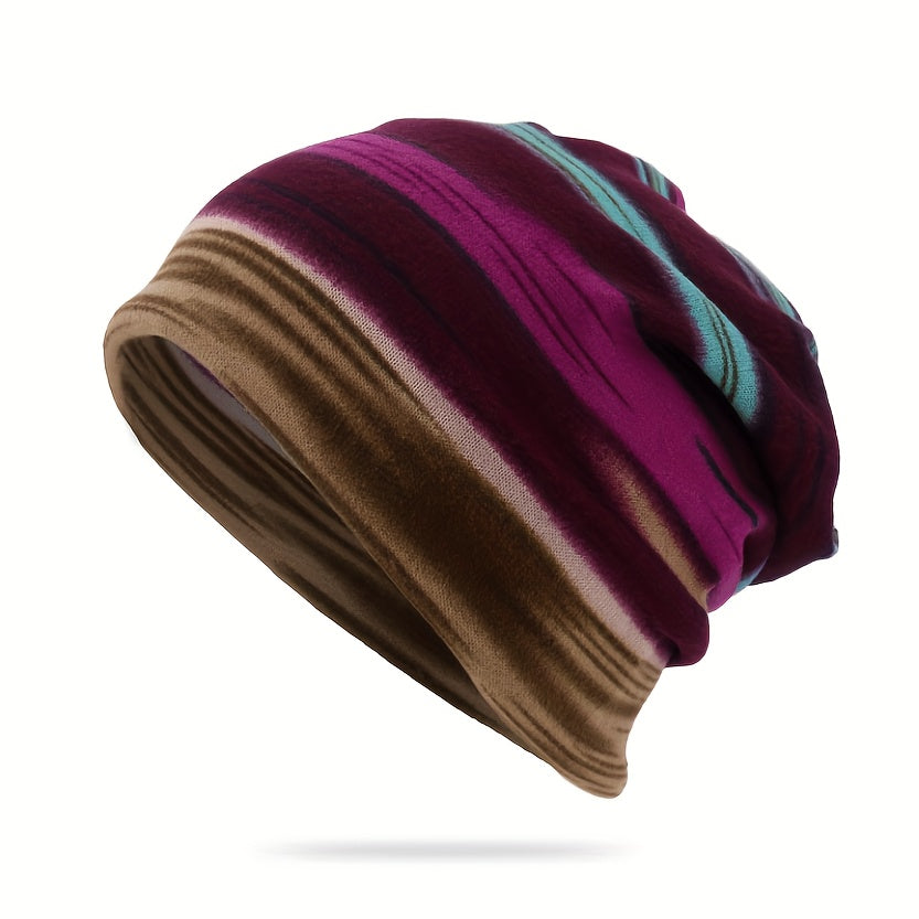 Pandaize Barevné pruhy Retro Termo volná čepice Beanie - Vintage pletené oblečení na podzim a zimu