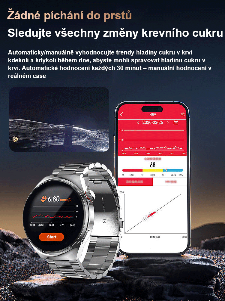 Ocelový náramek Watch4 Pro hodinky na měření hladiny cukru v krvi