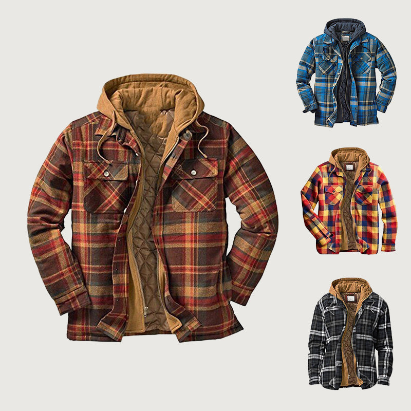 ❄️ Stvořené pro chladné dny | Pánská kostkovaná bunda s kapucí a prošívanou podšívkou ⚡ Doprava zdarma