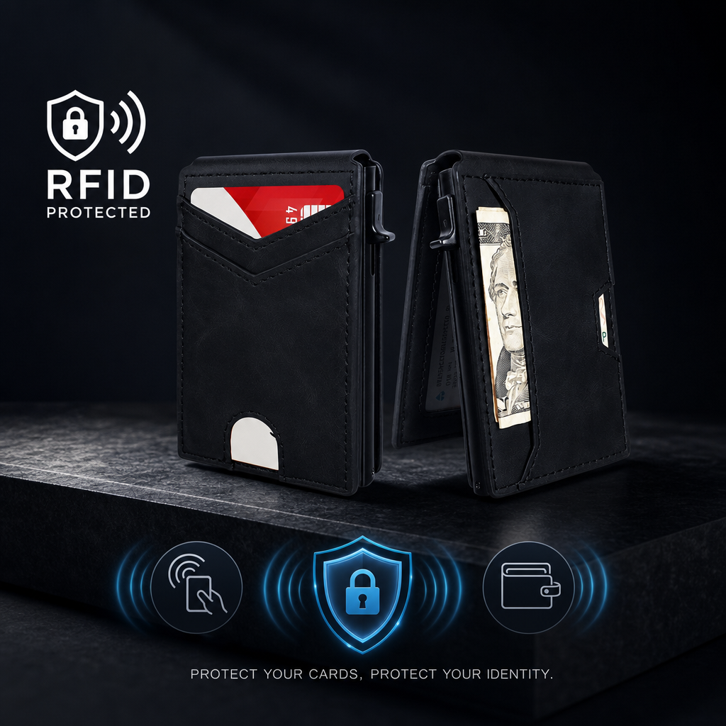 Tenká RFID peněženka pro muže - výsuvné pouzdro na karty s klipem na peníze a dvěma přihrádkami na dokumenty
