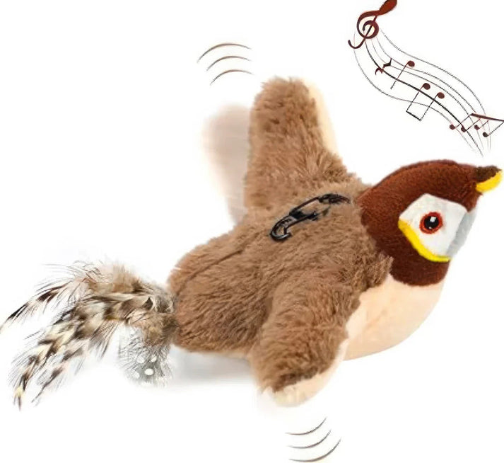 😻 Realistická vrabčí hračka pro kočky – Dobíjecí cvrlikající a mávající ptáček 🐦