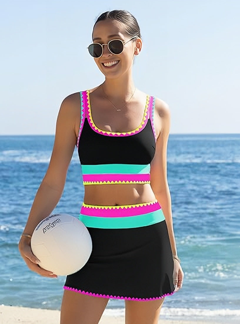 🌼 Třídílné sportovní bikiny z nylonu s barevnými bloky – vysoký pas se zeštíhlujícím efektem na břicho 👙