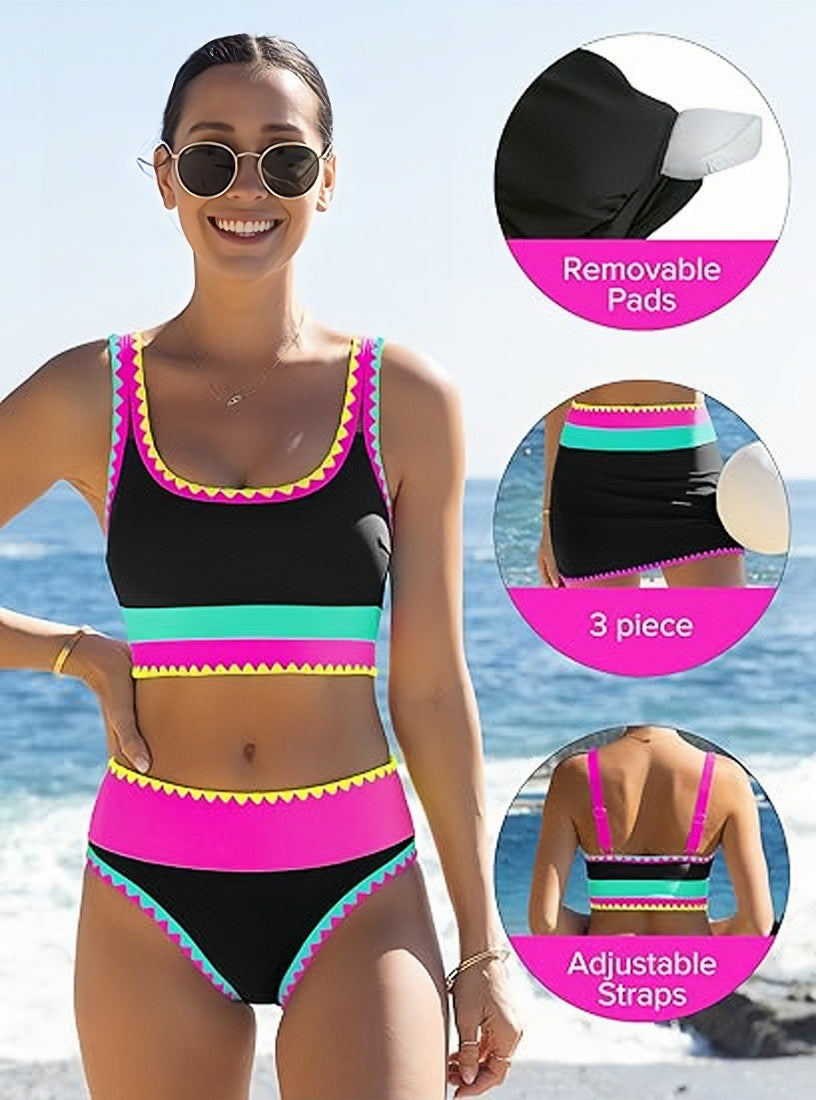 🌼 Třídílné sportovní bikiny z nylonu s barevnými bloky – vysoký pas se zeštíhlujícím efektem na břicho 👙