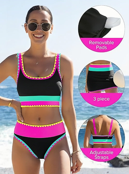 🌼 Třídílné sportovní bikiny z nylonu s barevnými bloky – vysoký pas se zeštíhlujícím efektem na břicho 👙
