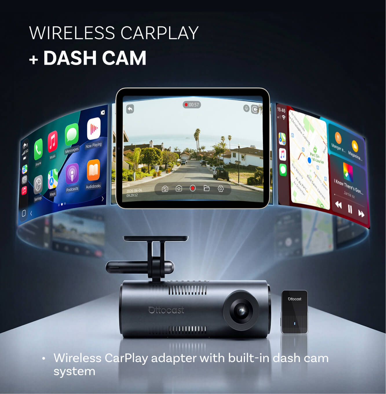 OttoSafe Cam 3 v 1 duální palubní kamera a bezdrátový adaptér CarPlay