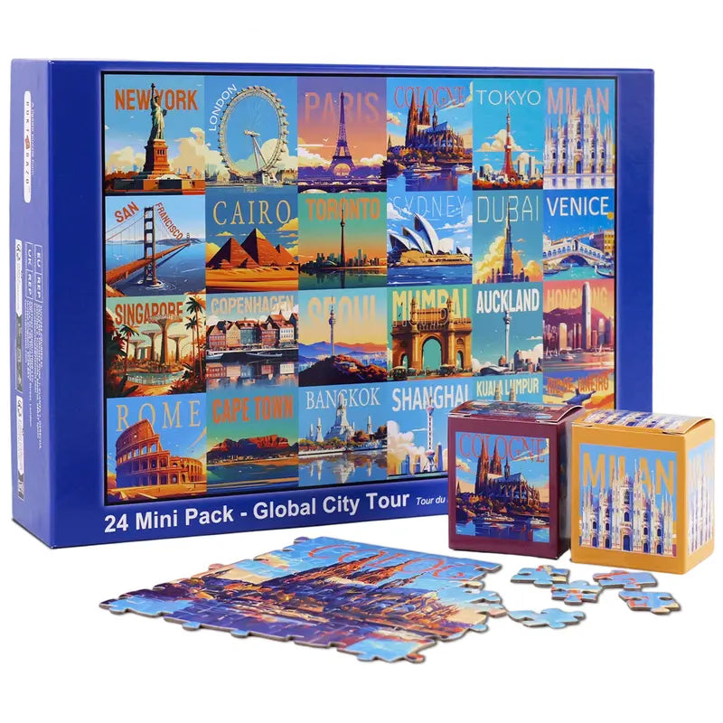 Cestovní série Rokt&razo, 24 mini puzzle po 1000 dílcích, 8 samolepek, 3 témata: národní parky, světové dědictví, prohlídka města po celém světě