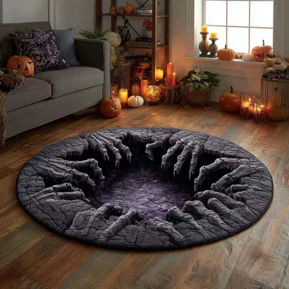 🔥Posledná akcia🎃Prešívaný okrúhly halloweenský koberec s 3D kostrou a vírom