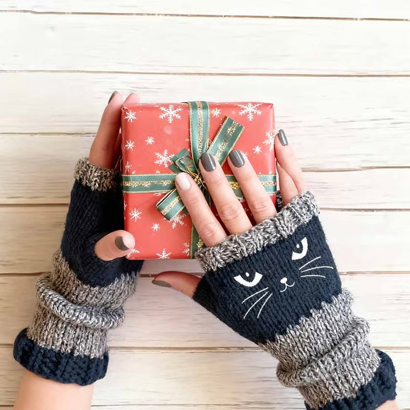 🐱 Roztomilé dámské pletené rukavice s kočičím vzorem🧤🧶