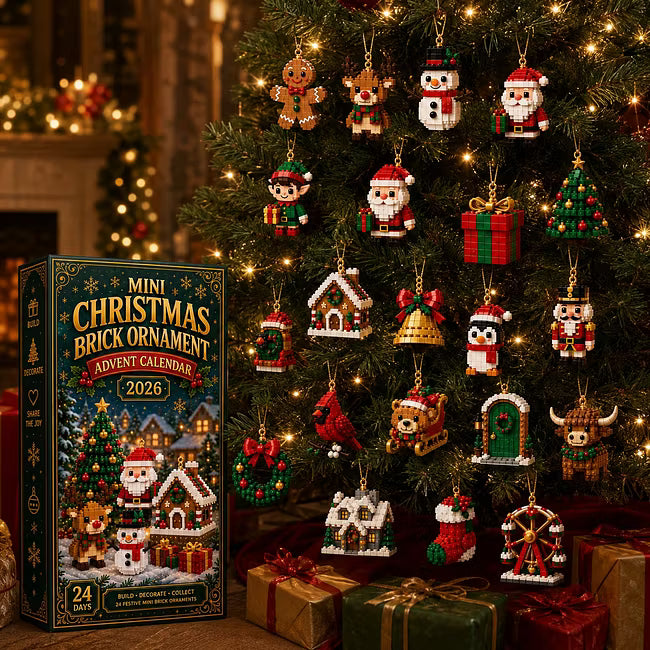 🎄 24denní mini adventní kalendář s vánočními ozdobami | 24 unikátních, svátečních, vlastních designů s poutky na zavěšení – ideální pro zdobení vánočních stromků, věnců a svátečních dekorací 🧱