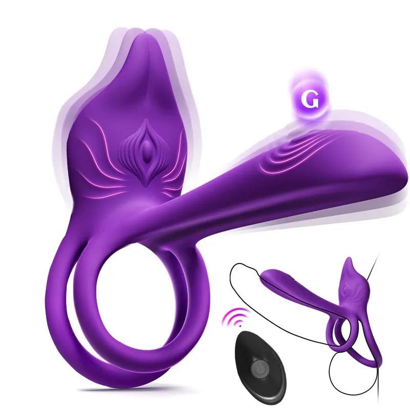 Vibrační erekční kroužek pro páry - dvojitý vibrátor MOOLIGIRL s klitorálním stimulátorem ve tvaru lišky a vibrátorem na G-bod 11,5 cm