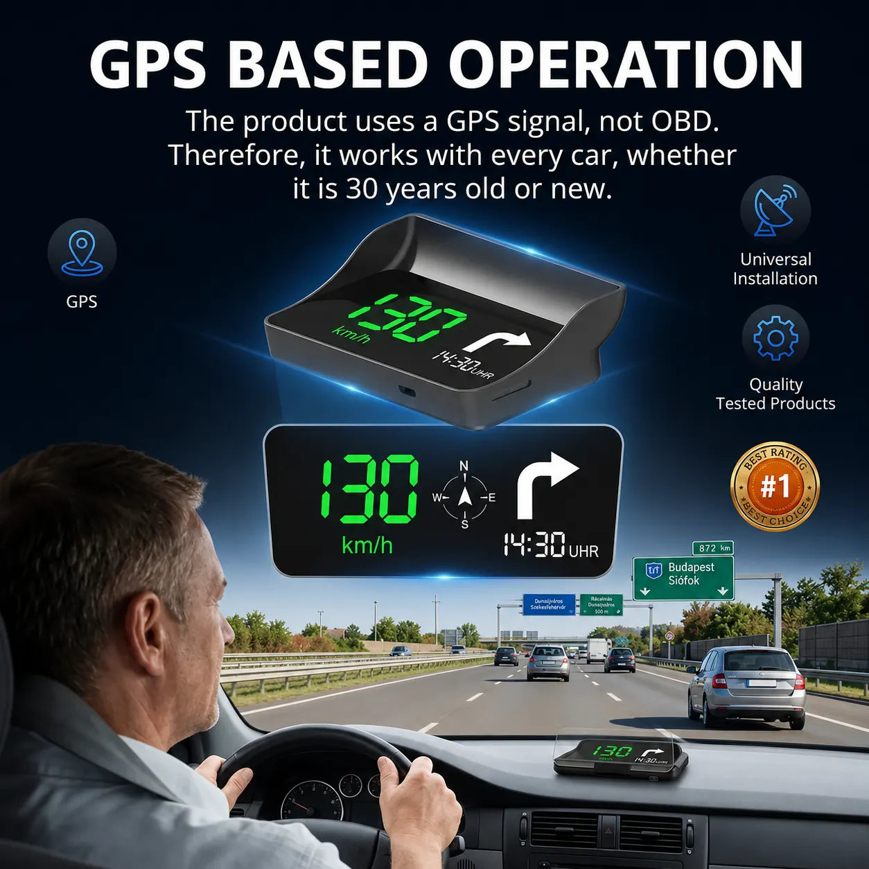 Digitální rychloměr do auta s head-up displejem (HUD) a GPS navigací