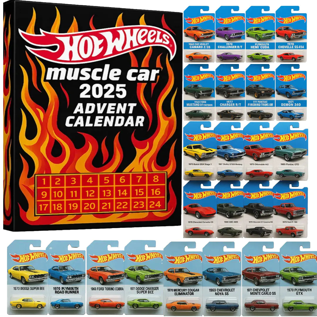 🔥Výprodej - 50% SLEVA🔥 - 🚗Adventní kalendář autíček Hot Wheels Muscle - 24 DNÍ 2025🎄