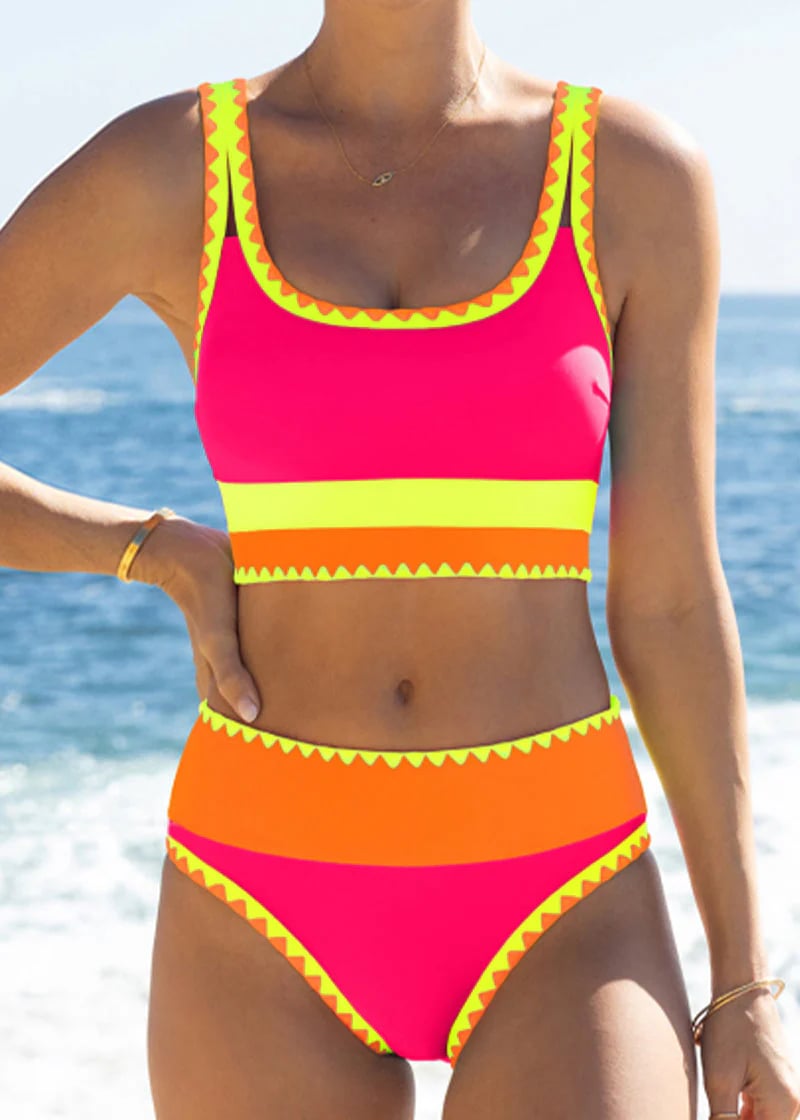 🌼 Třídílné sportovní bikiny z nylonu s barevnými bloky – vysoký pas se zeštíhlujícím efektem na břicho 👙