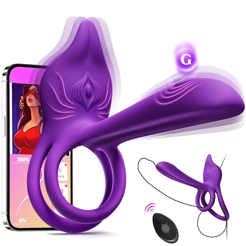 Vibrační erekční kroužek pro páry - dvojitý vibrátor MOOLIGIRL s klitorálním stimulátorem ve tvaru lišky a vibrátorem na G-bod 11,5 cm