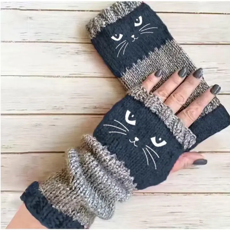 🐱 Roztomilé dámské pletené rukavice s kočičím vzorem🧤🧶