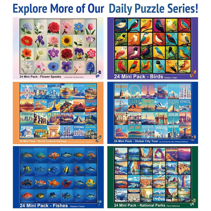 Cestovní série Rokt&razo, 24 mini puzzle po 1000 dílcích, 8 samolepek, 3 témata: národní parky, světové dědictví, prohlídka města po celém světě
