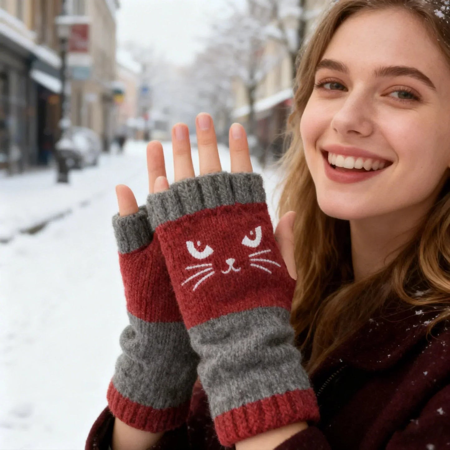 🐱 Roztomilé dámské pletené rukavice s kočičím vzorem🧤🧶