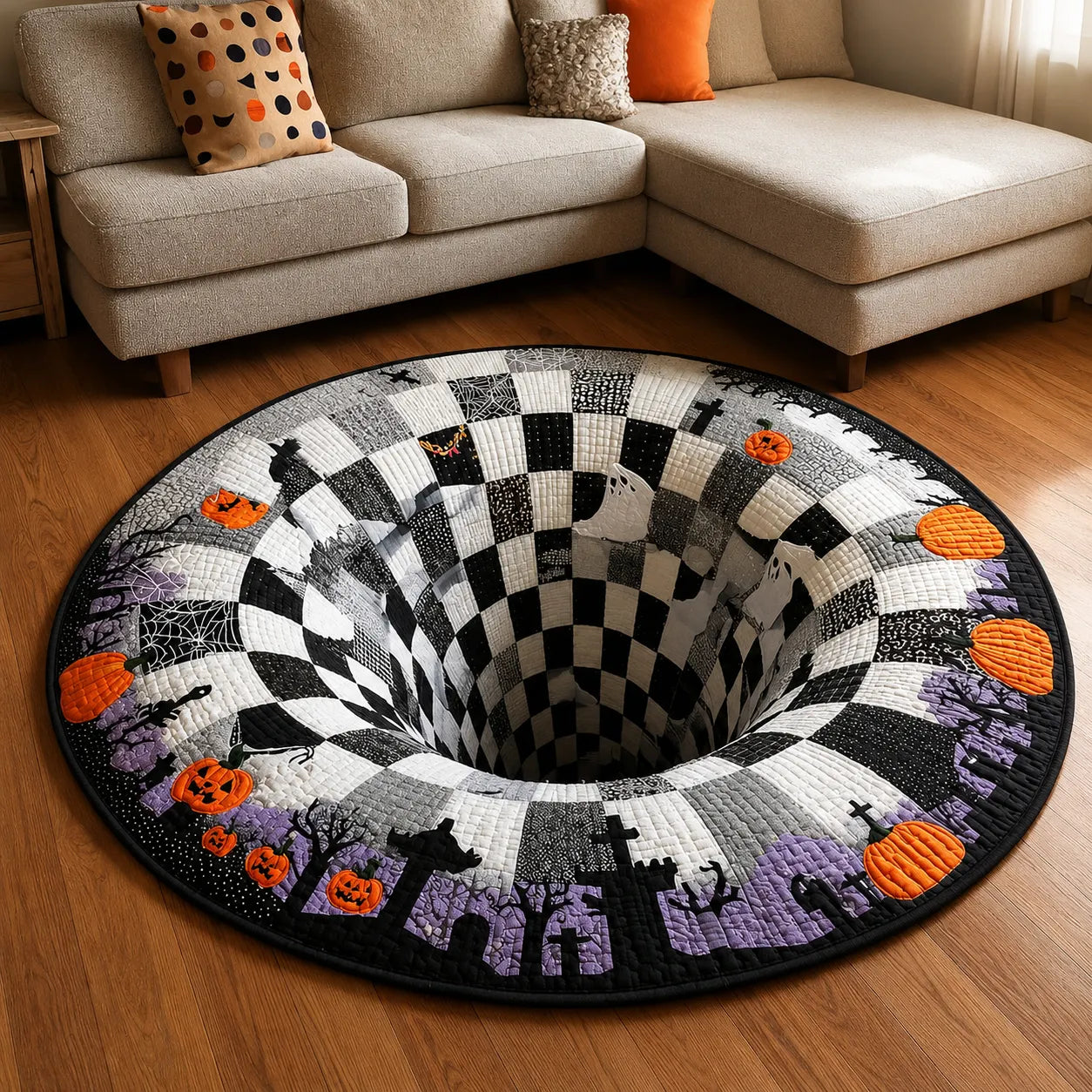 🔥Posledná akcia🎃Prešívaný okrúhly halloweenský koberec s 3D kostrou a vírom
