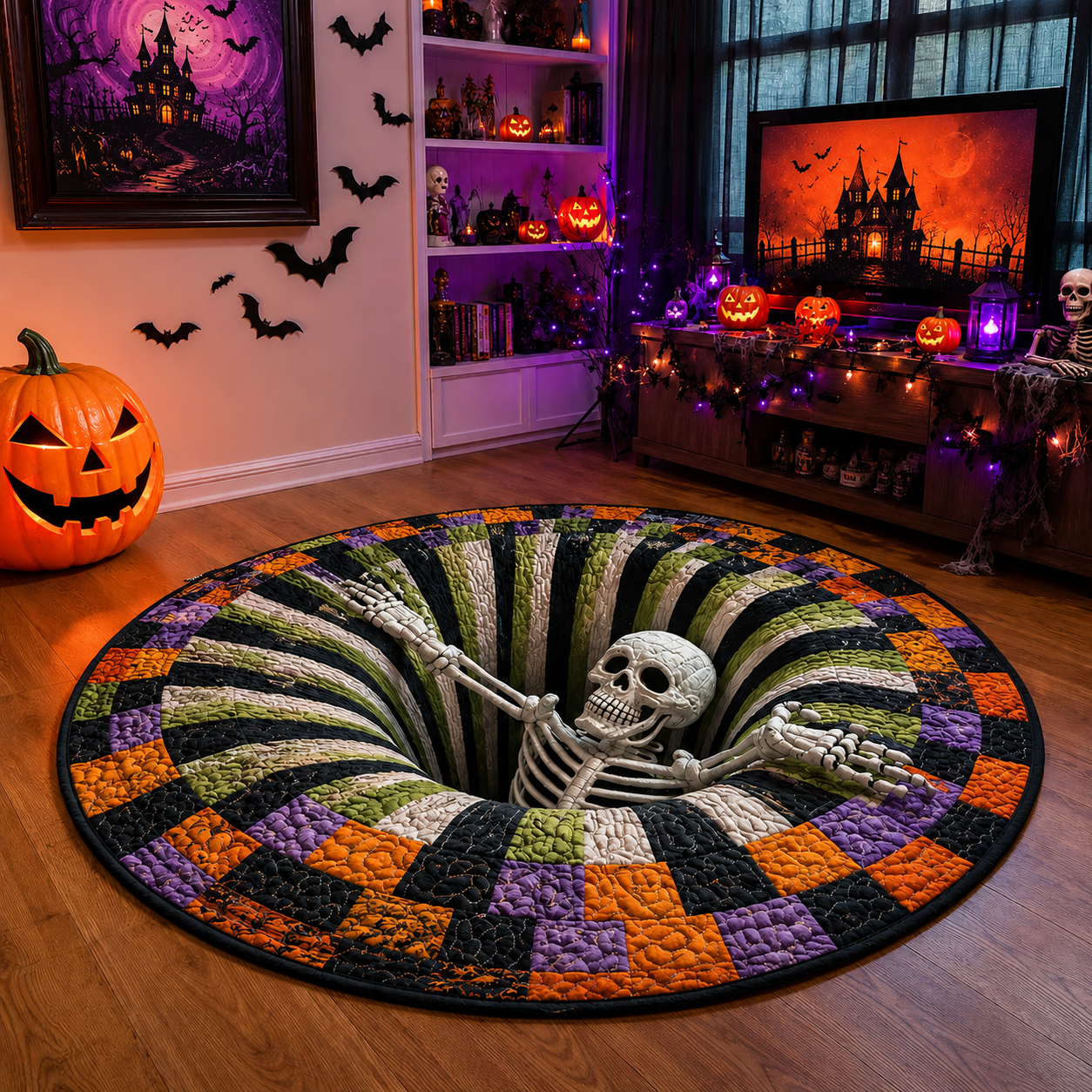 🔥Posledná akcia🎃Prešívaný okrúhly halloweenský koberec s 3D kostrou a vírom