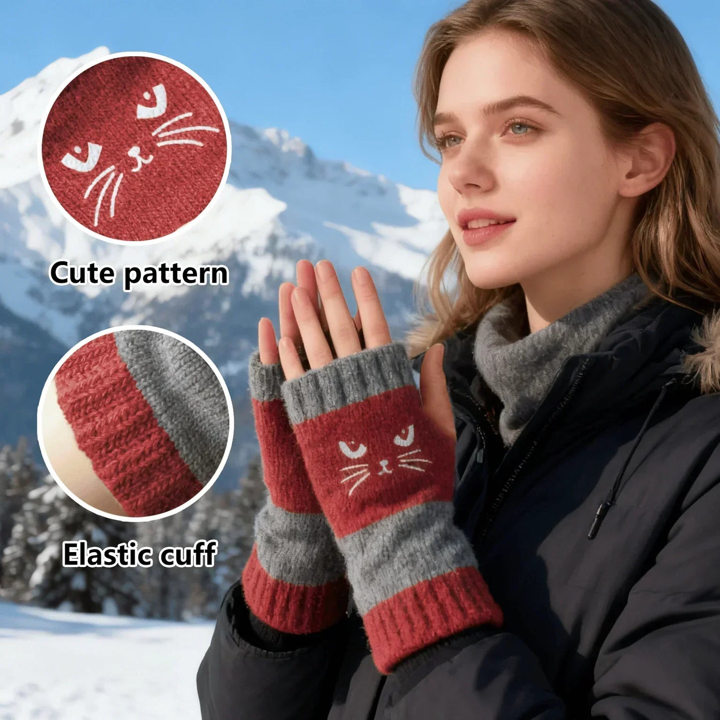 🐱 Roztomilé dámské pletené rukavice s kočičím vzorem🧤🧶