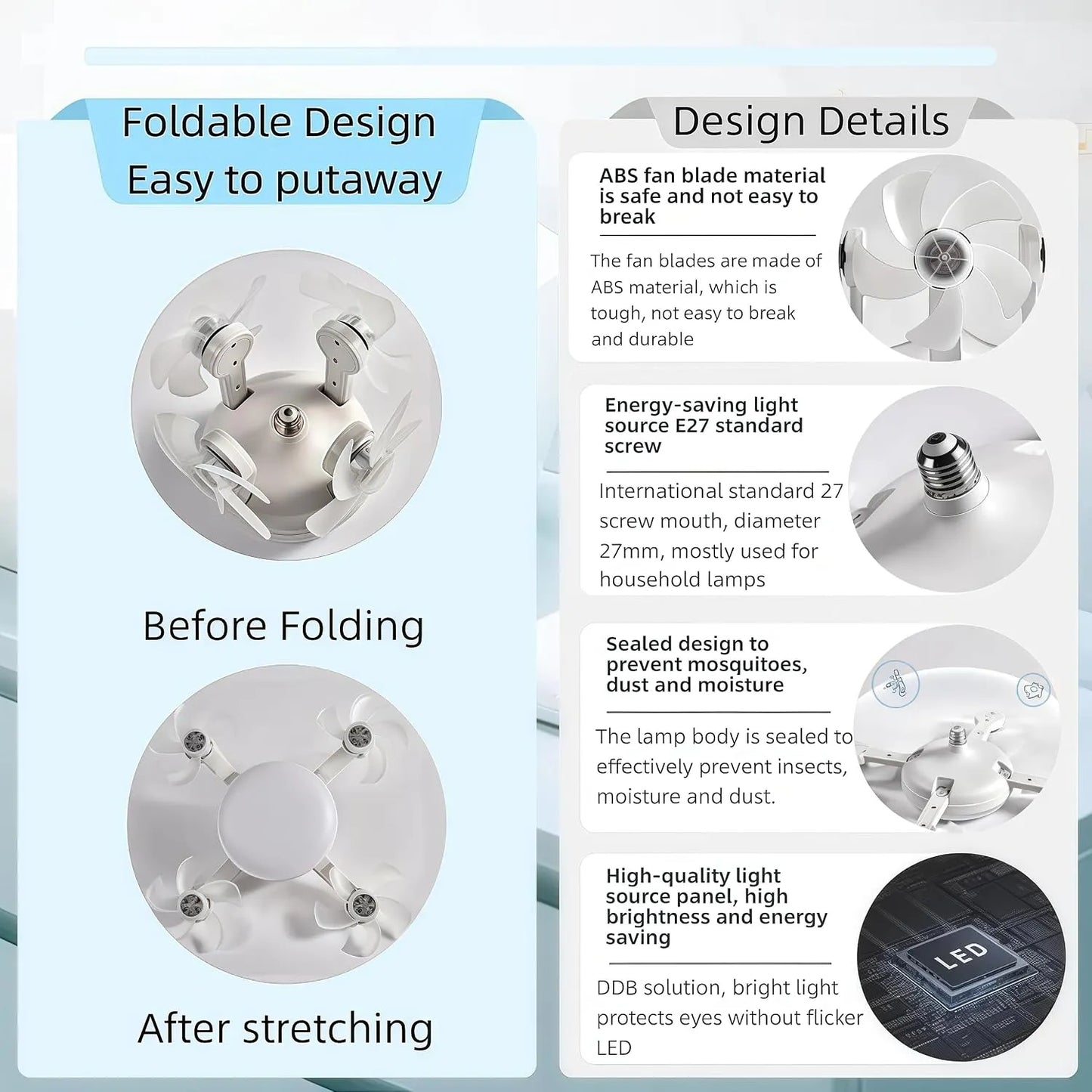 Moderní stropní ventilátorová lampa se závitem E27 (model 2026) - tichý 2v1 LED ventilátor s dálkovým ovládáním