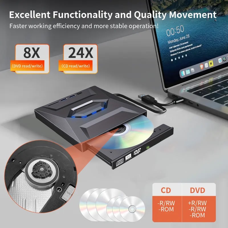Retro notebookový CD DVD přehrávač USB C 3.0 přenosná CD vypalovačka