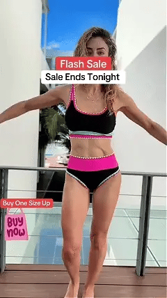 🌼 Třídílné sportovní bikiny z nylonu s barevnými bloky – vysoký pas se zeštíhlujícím efektem na břicho 👙