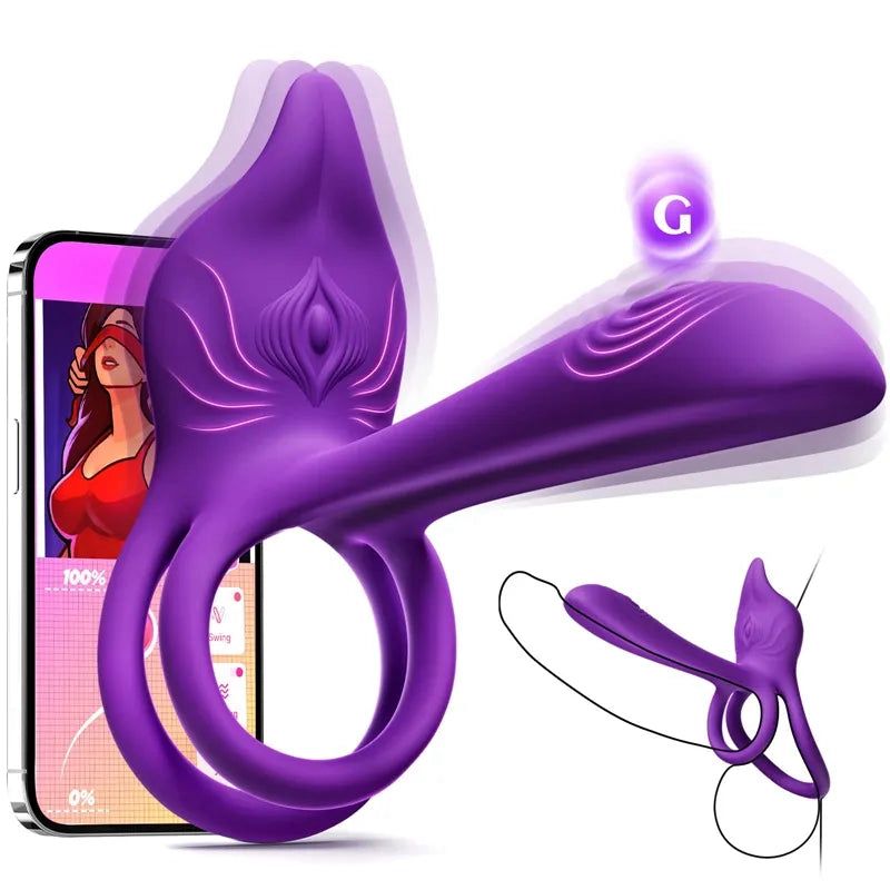 Vibrační erekční kroužek pro páry - dvojitý vibrátor MOOLIGIRL s klitorálním stimulátorem ve tvaru lišky a vibrátorem na G-bod 11,5 cm