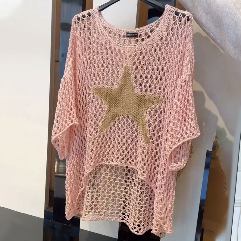 🌟👚Dámský módní háčkovaný pletený top s kulatým výstřihem