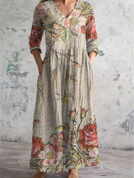 Vintage květinový umělecký potisk Elegantní midi šaty s tříčtvrtečním rukávem a výstřihem do V
