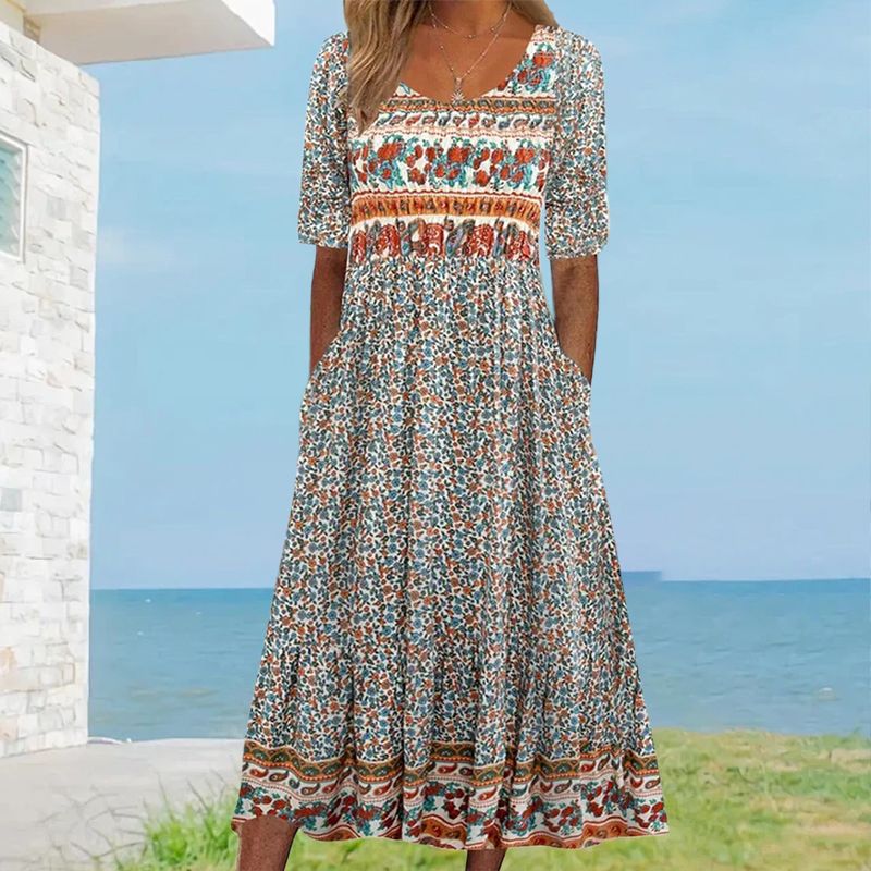 🌸 Elegantní dámské šaty s boho potiskem