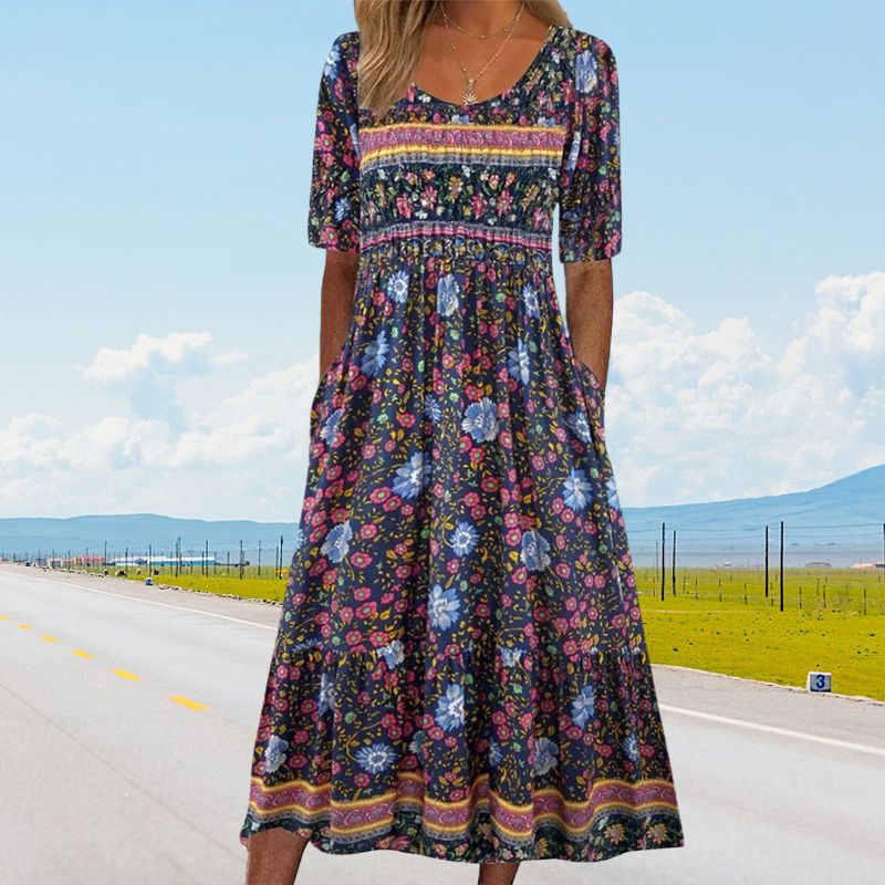🌸 Elegantní dámské šaty s boho potiskem