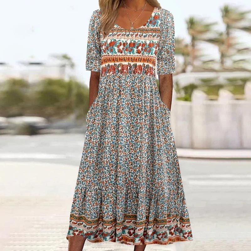 🌸 Elegantní dámské šaty s boho potiskem