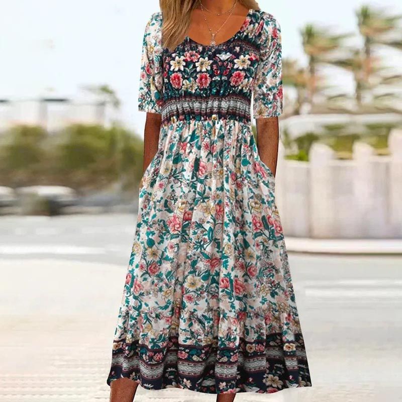 🌸 Elegantní dámské šaty s boho potiskem