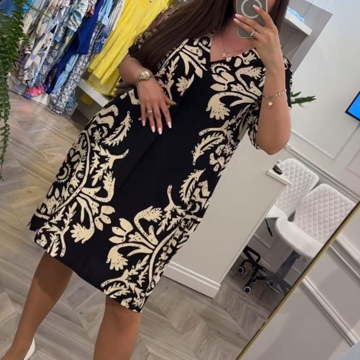 👗Dámské ležérní šaty s výstřihem do V s potiskem a kapsami