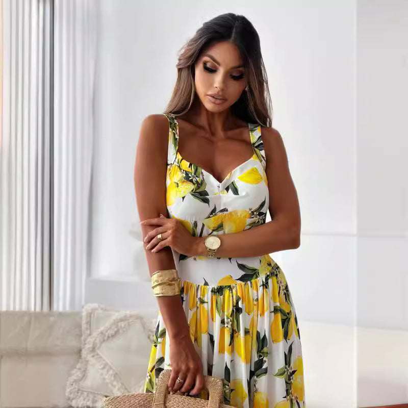 🍋Dámský elegantní citronový potisk Špagetové ramínko Splývavé dlouhé šaty