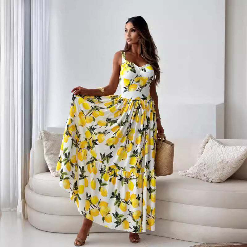 🍋Dámský elegantní citronový potisk Špagetové ramínko Splývavé dlouhé šaty