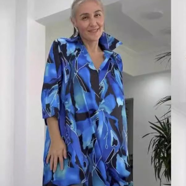 🌟Módní košilové šaty s klopovým límečkem a potiskem výstřihu do V