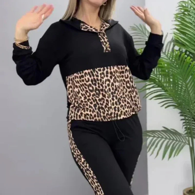 Sada dvoudílných mikin s leopardím vzorem pro volný čas patchwork