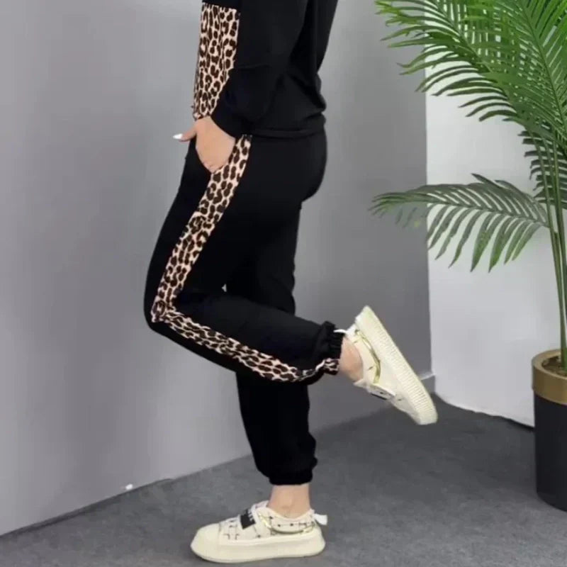 Sada dvoudílných mikin s leopardím vzorem pro volný čas patchwork