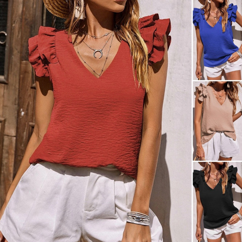 【S-2XL】👚Elastický top s volánem do V s výstřihem do V