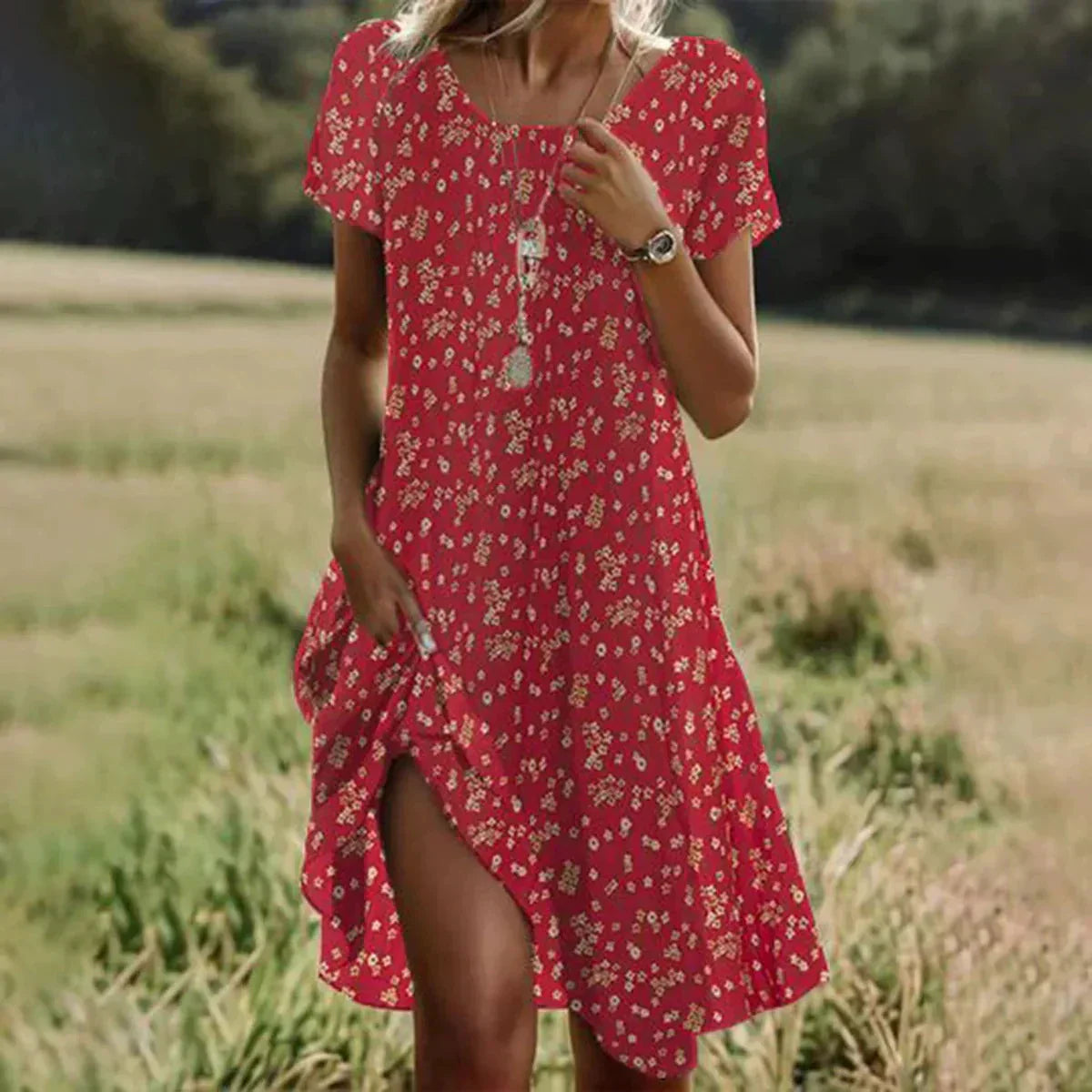 🌸Elegantní zelené midi šaty s krátkým rukávem a puntíky