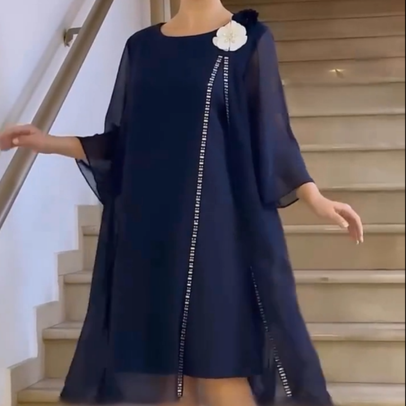 🌸✨【S-4XL】Dámské síťované šaty s kulatým výstřihem a květinovým akcentem