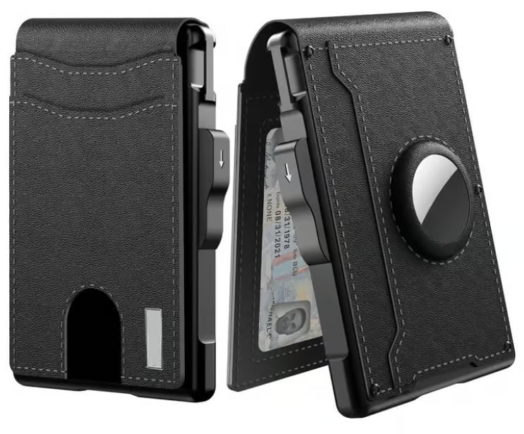 🎁Peněženka AirTag pro muže – odklápěcí hliníkové pouzdro, spona na peníze, úzké kožené přihrádky, pouzdro na kreditní karty, blokování RFID, minimalistická skládací peněženka