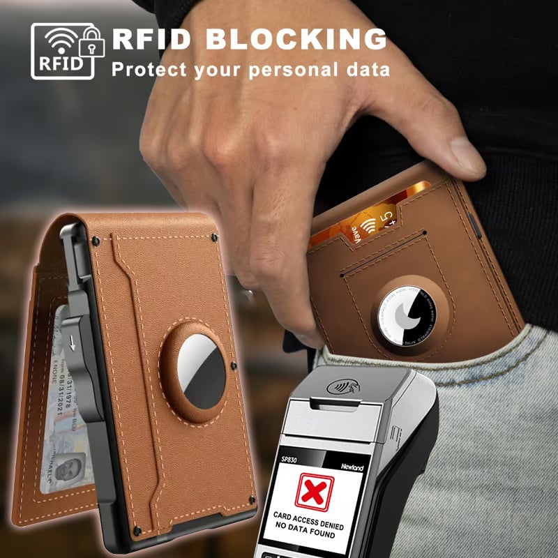 🎁Peněženka AirTag pro muže – odklápěcí hliníkové pouzdro, spona na peníze, úzké kožené přihrádky, pouzdro na kreditní karty, blokování RFID, minimalistická skládací peněženka