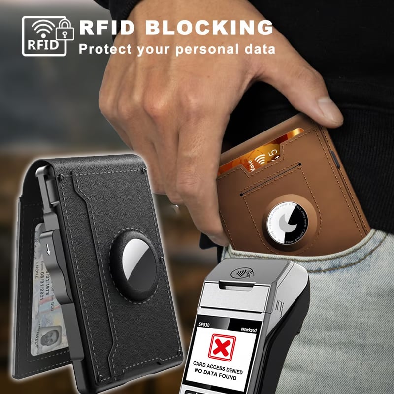 🎁Peněženka AirTag pro muže – odklápěcí hliníkové pouzdro, spona na peníze, úzké kožené přihrádky, pouzdro na kreditní karty, blokování RFID, minimalistická skládací peněženka