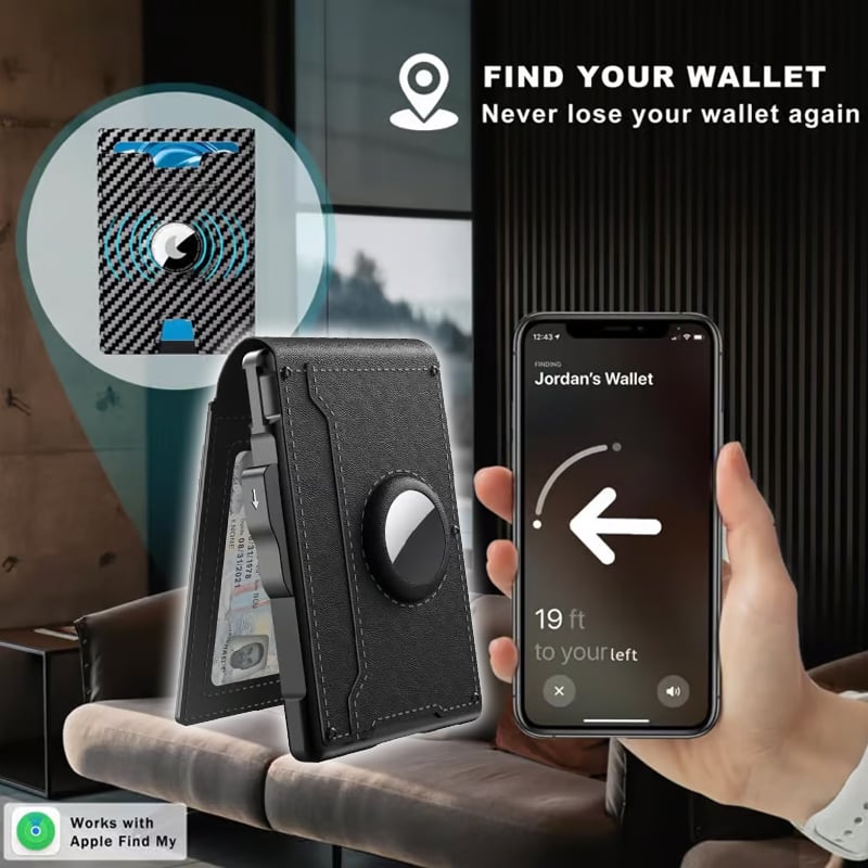 🎁Peněženka AirTag pro muže – odklápěcí hliníkové pouzdro, spona na peníze, úzké kožené přihrádky, pouzdro na kreditní karty, blokování RFID, minimalistická skládací peněženka